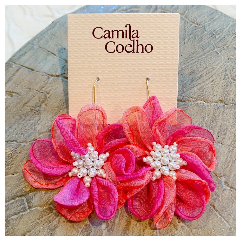 Camila Coelho Fabric Flower Petal Pearl Gold Drop Earrings Pink NWT